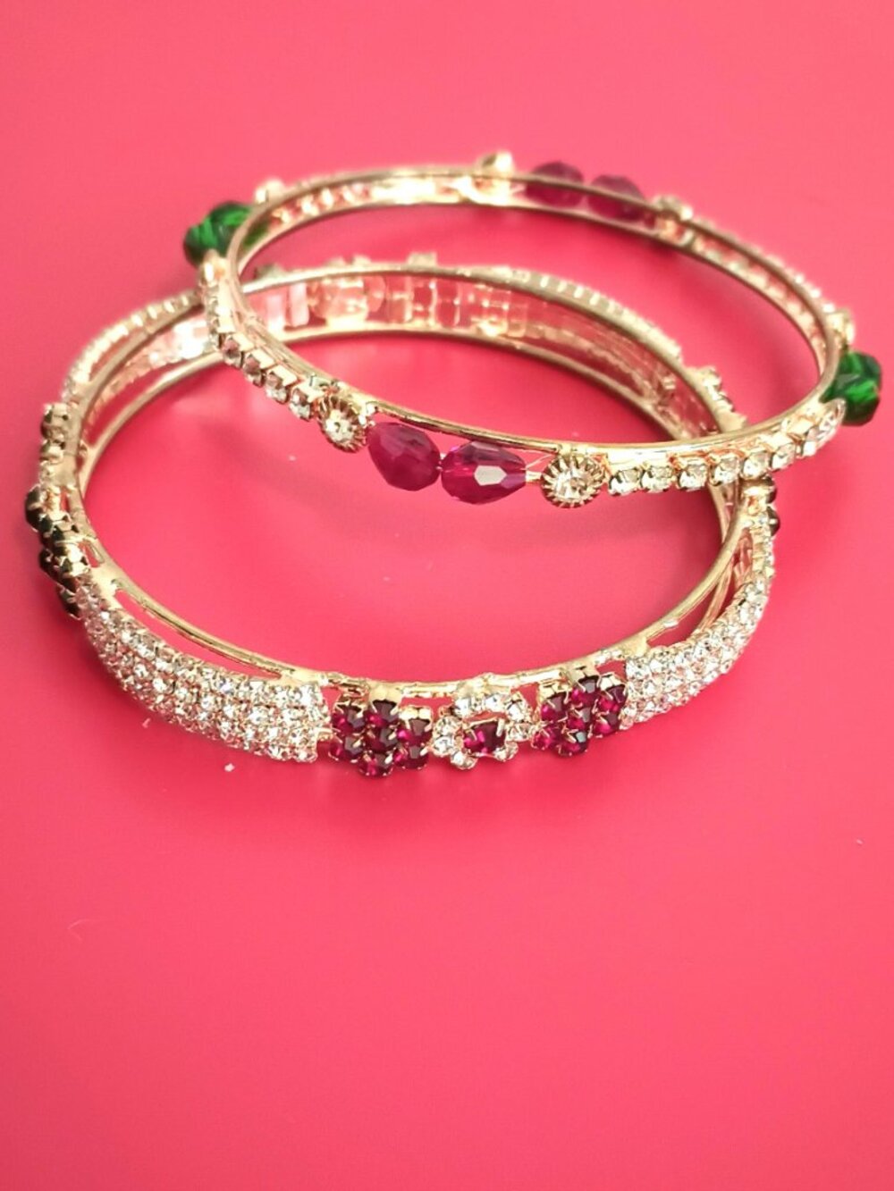Rhinestone Bangle Bracelet Set of 2 Gold Tone Pave w Green & Red Flowers & Beads